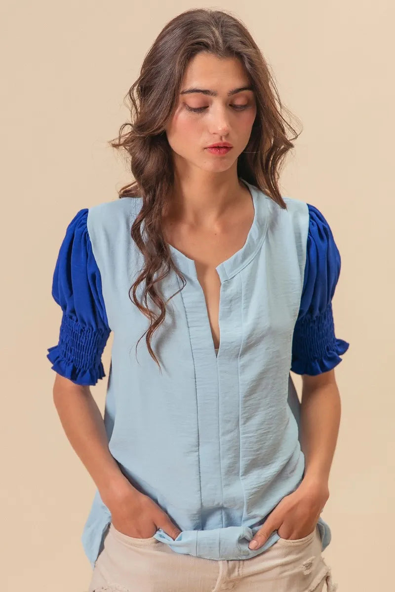 BiBi Air Flow Color Block Puff Sleeves V Neck Top LT.BLUE ROYAL