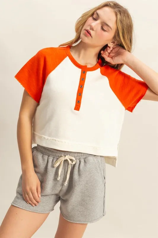 HYFVE Side Slit Contrast Half Button Short Sleeve T-Shirt Orange