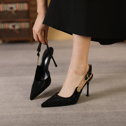 Rhinestone Point Toe Stiletto Slingback Pumps Black