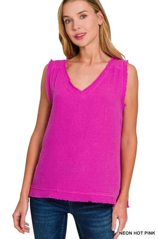 Zenana Double Gauze Raw Edge V-Neck Tank NEON HOT PINK