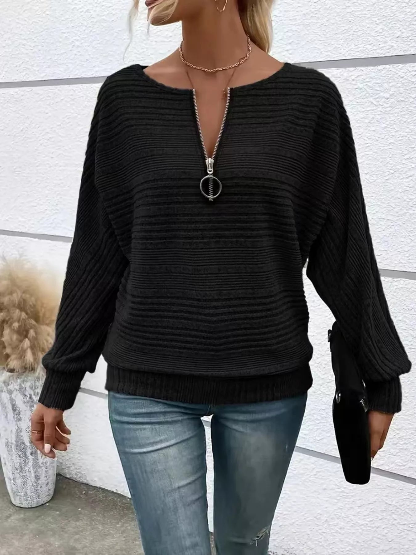Ribbed Knit Quarter Zip Sweatshirt