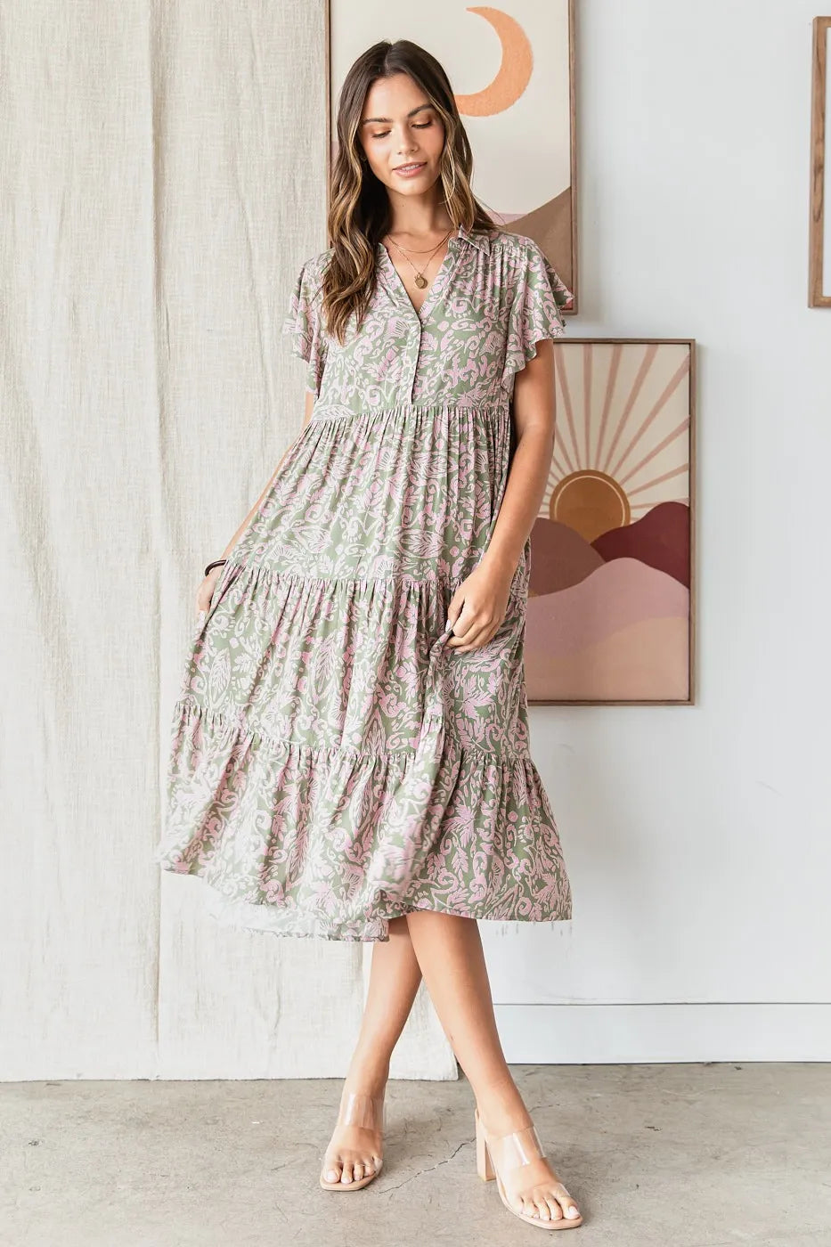 Mittoshop Abstract Print Ruffle Tier Midi Dress SAGE