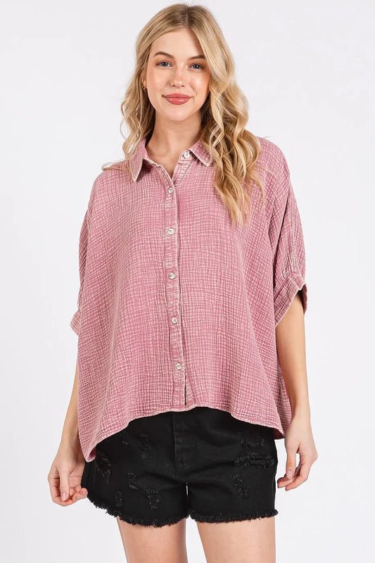 Mittoshop Mineral Wash Gauze Dolman Sleeve Button Down Shirt DUSTY PINK