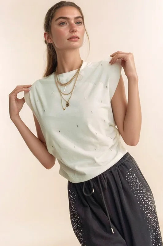 Davi & Dani Solid Mock Neck Short Sleeve Jewel Crop Top White