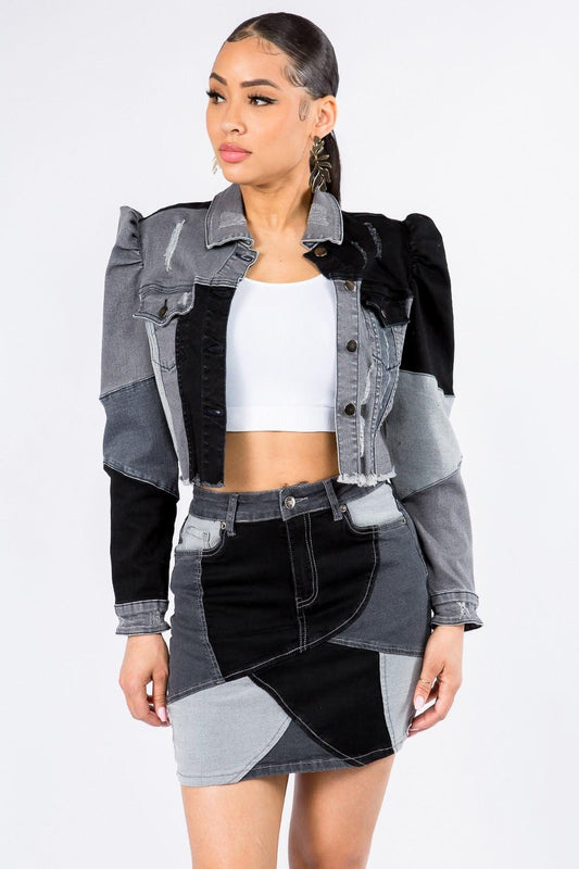 American Bazi Button Up Cropped Patchwork Denim Jacket Black