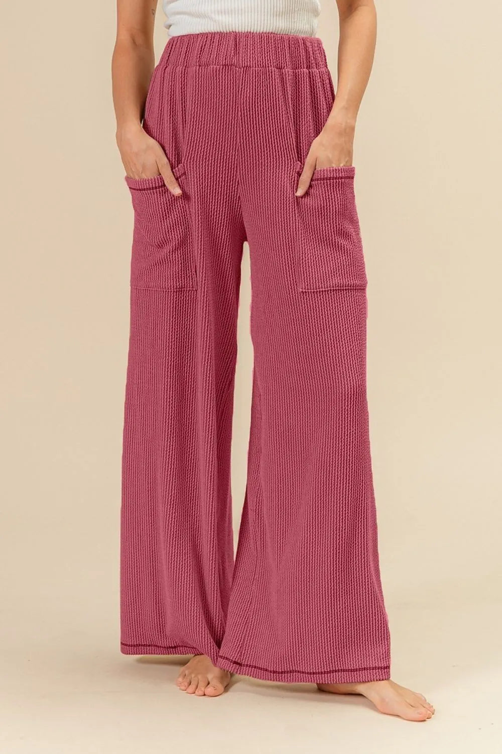 BiBi 2tone Cord Rib Waist Band Side Pocket Pants DK MAUVE