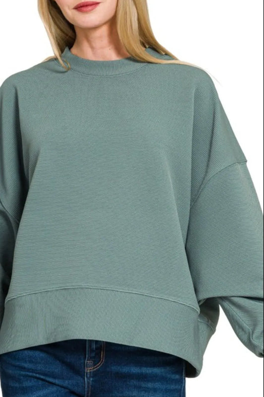 Zenana Ribbed Balloon Sleeve Sweatshirt