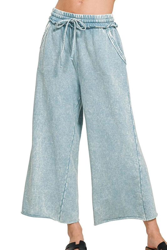 Zenana Washed French Terry Palazzo With Pockets BLUE GREY