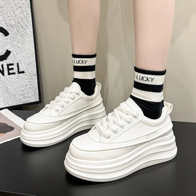 Lace-Up Contrast Platform Sneakers White