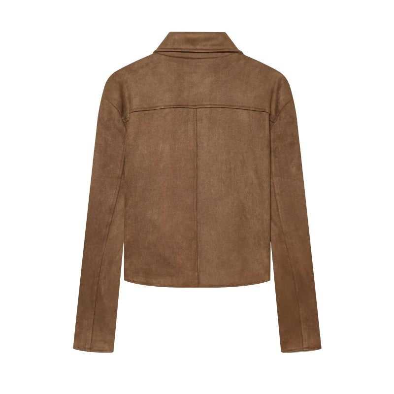 A brown suede jacket with a high collar, shown from the back against a plain white background.