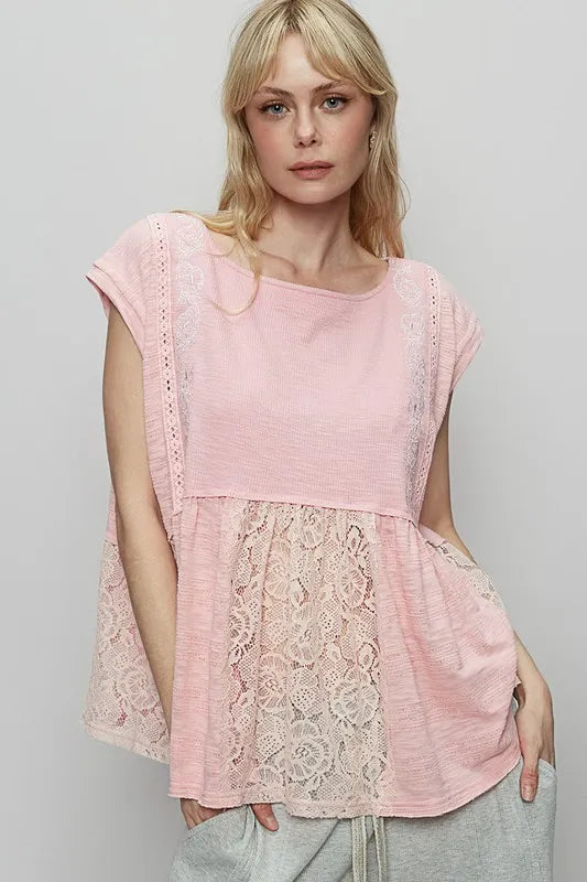 POL Embroidered Detail Boat Neck Cap Sleeve Lace Blouse Blush Pink