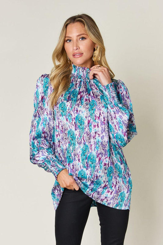 Double Take Full Size Printed Smocked Long Sleeve Blouse Sky Blue