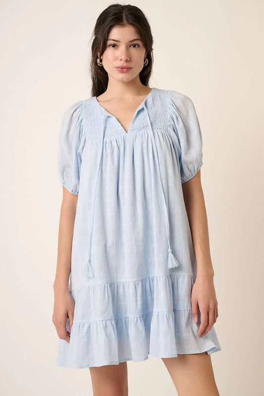 Mittoshop Tassel Tie Plaid Gauze Short Sleeve Mini Dress BLUE