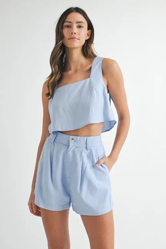 MABLE Sleeveless Crop Top and Shorts Set Blue