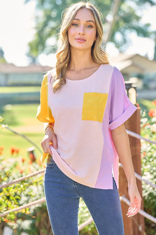 Hailey & Co Full Size Color Block Short Sleeve Top Yellow