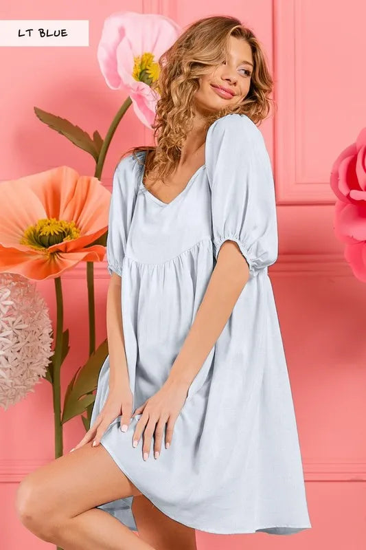 BiBi Washed Linen Tiered Midi Dress with Puff Sleeves LT BLUE