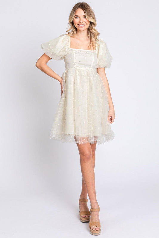GeeGee Pearl Mesh Puff Sleeve Babydoll Dress Cream