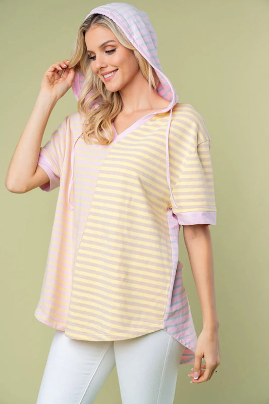 White Birch Full Size Striped Short Sleeve Drawstring Hooded Top Pink Combo