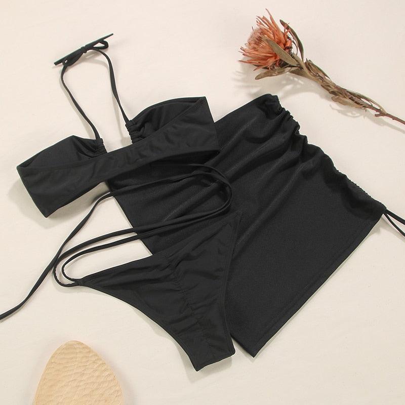 3-Piece Bikinis Suit Halter Polka Dot Swimwear Women Beachwear Women's 3 Piece Bikini Set Swimsuit Cover Ups Sheer Sarongs Beach Wrap Skirt Bathing Suit Swimsuit Female Holiday Beach Skirt Bikini Set