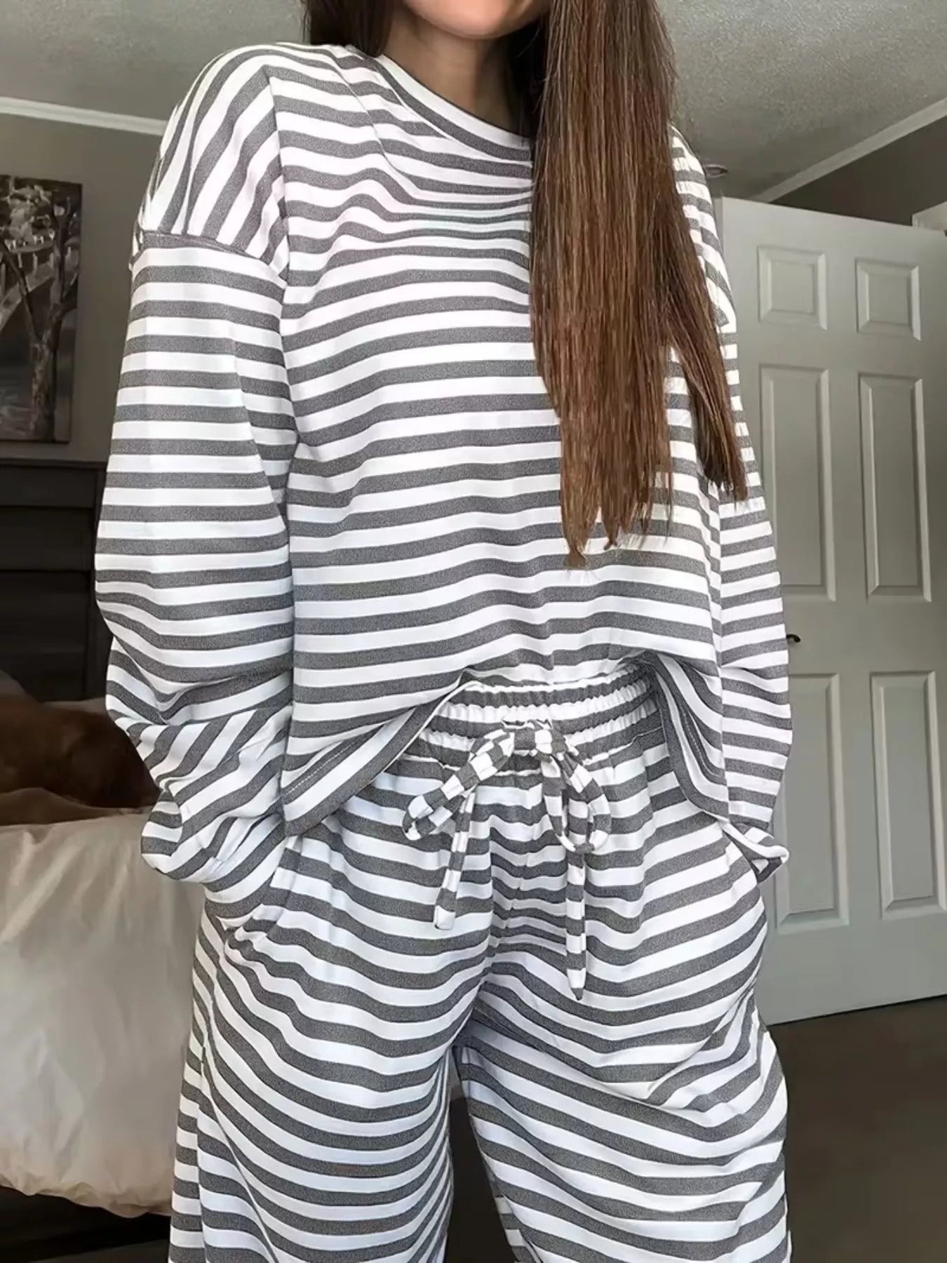 Striped Round Neck Top and Pants Set