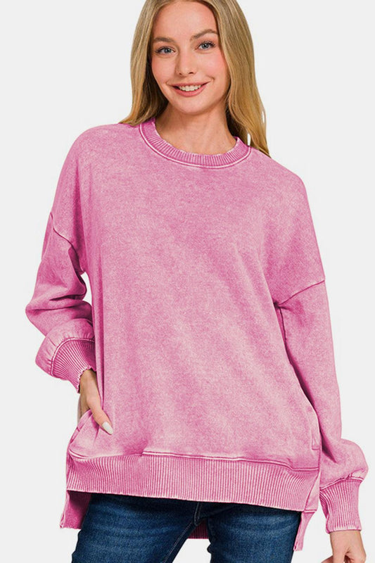 Zenana High-Low Acid Wash Fleece Sweatshirt Dusty Pink
