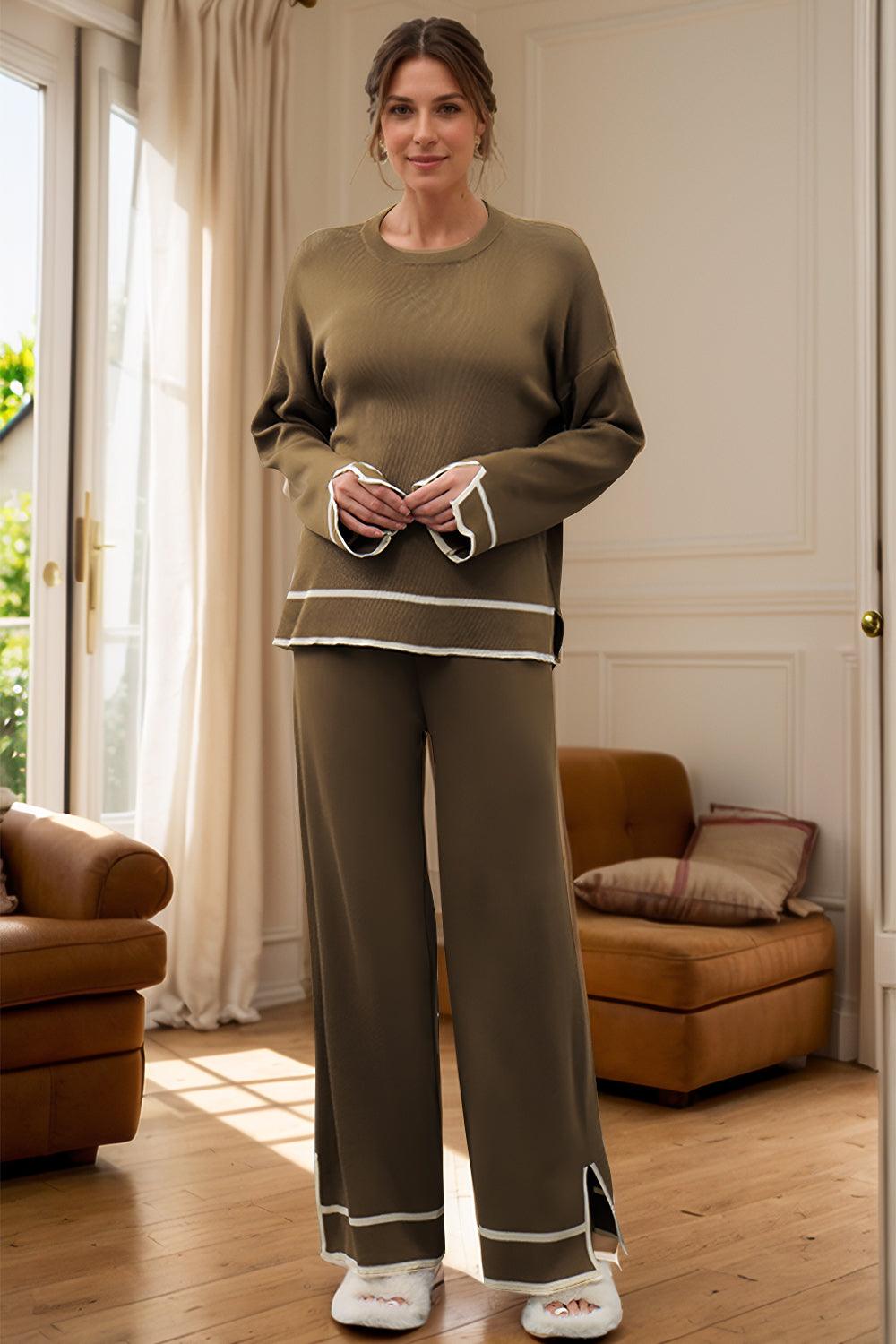 High-Low Round Neck Top and Pants Sweater Set Olive Brown One Size