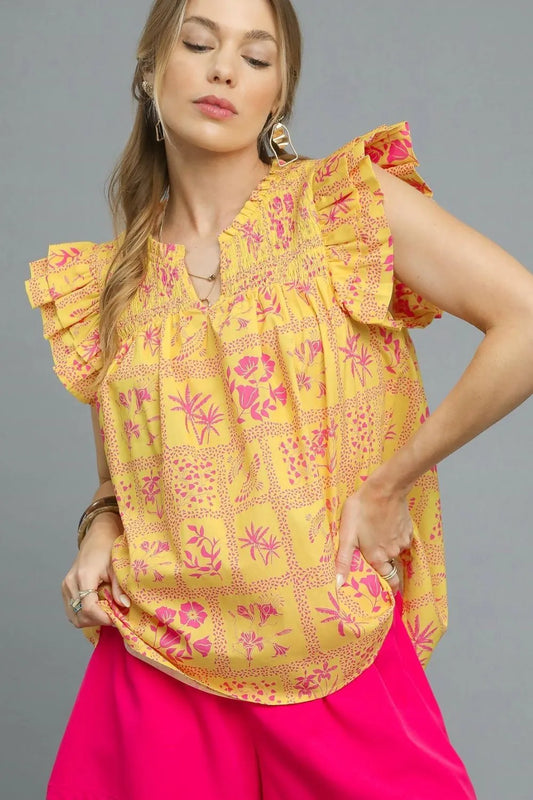 Umgee Printed Ruffle Cap Sleeve Blouse Sherbet