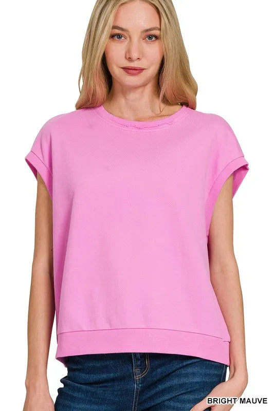 Zenana French Terry Round Neck Cap Sleeve T-Shirt BRIGHT MAUVE