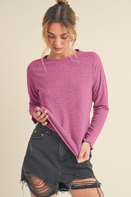 Aemi + Co Lettuce Hemline Round Neck Raglan Sleeve T-Shirt Red-Violet