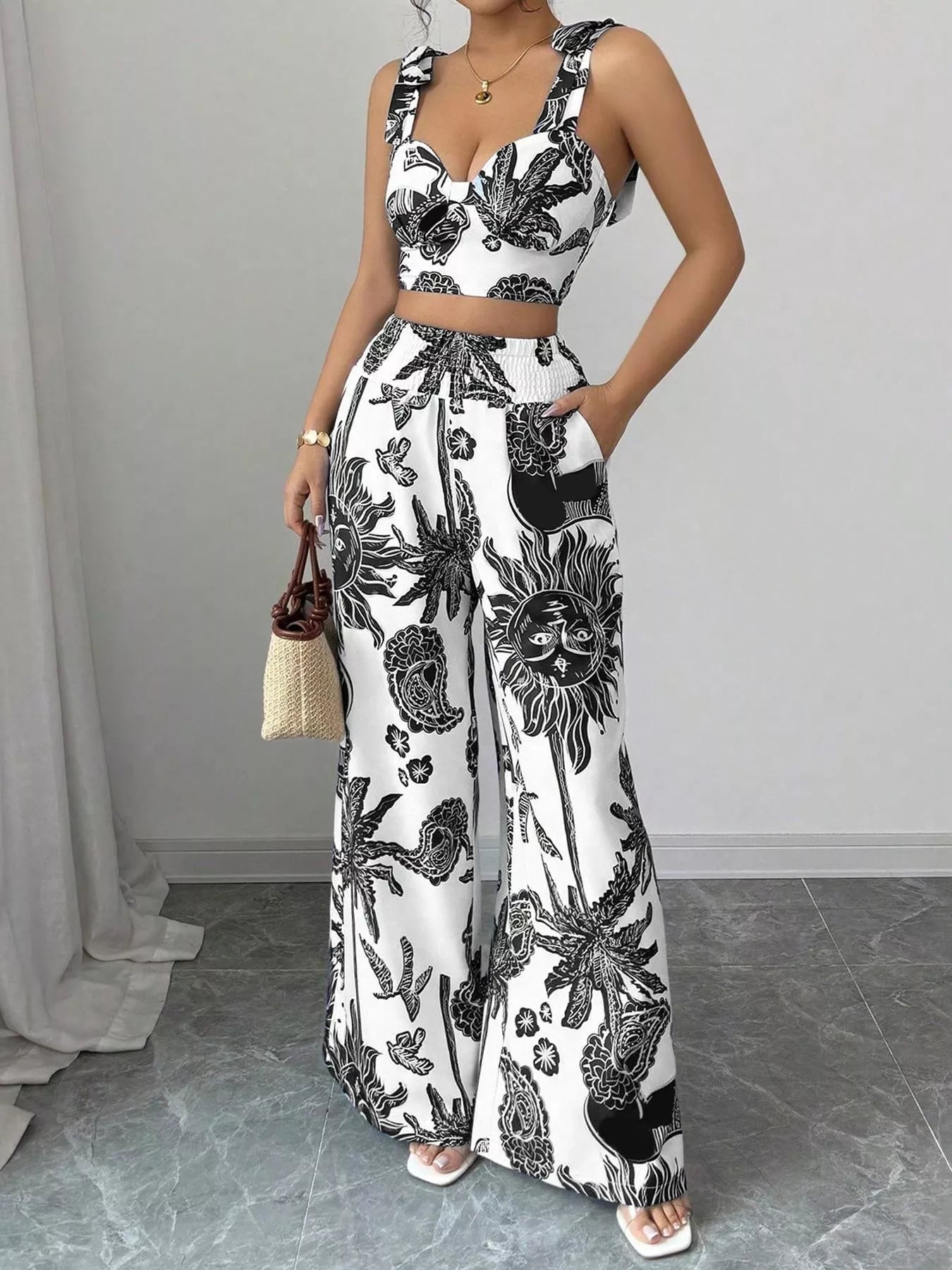 Floral Print Crop Top and Wide Leg Pants Set