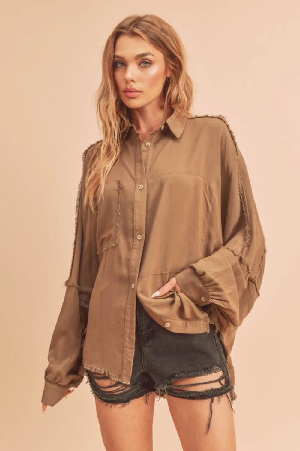 Aemi + Co Raw Edge Exposed Seam Collared Neck Long Sleeve Shirt Camel