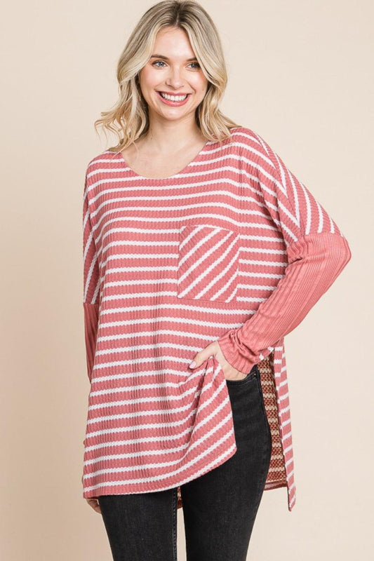 Culture Code Oversize Striped Round Neck Long Sleeve Slit T-Shirt DUSTY ROSE COMBO