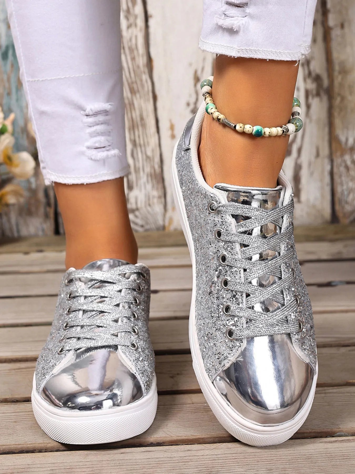Sequin Lace Up Sneakers