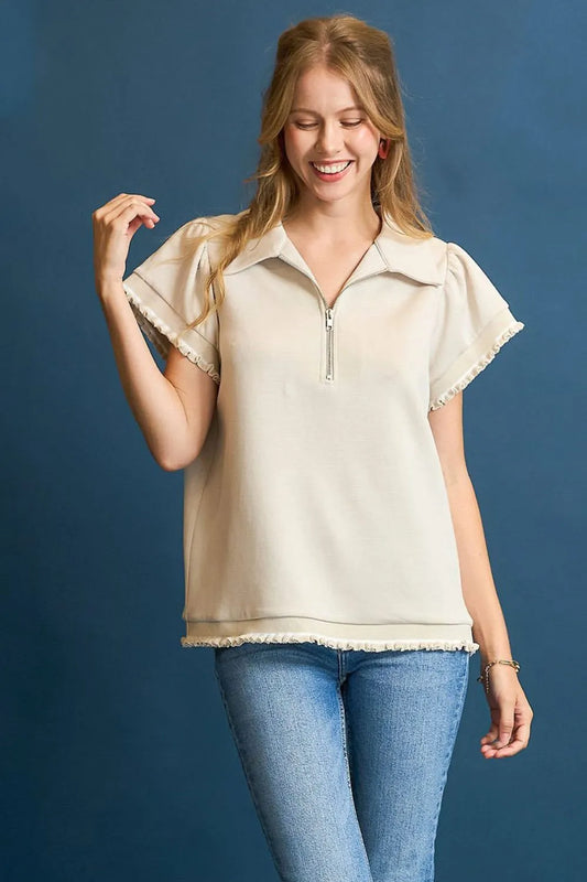 Umgee Frill Hem Half-Zip Collared Blouse Cream