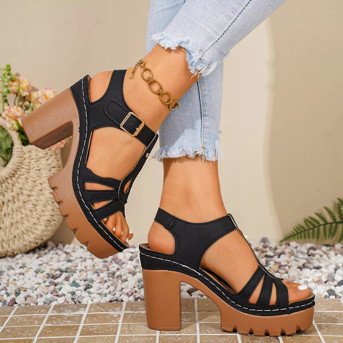 Open Toe High Block Heels Sandals