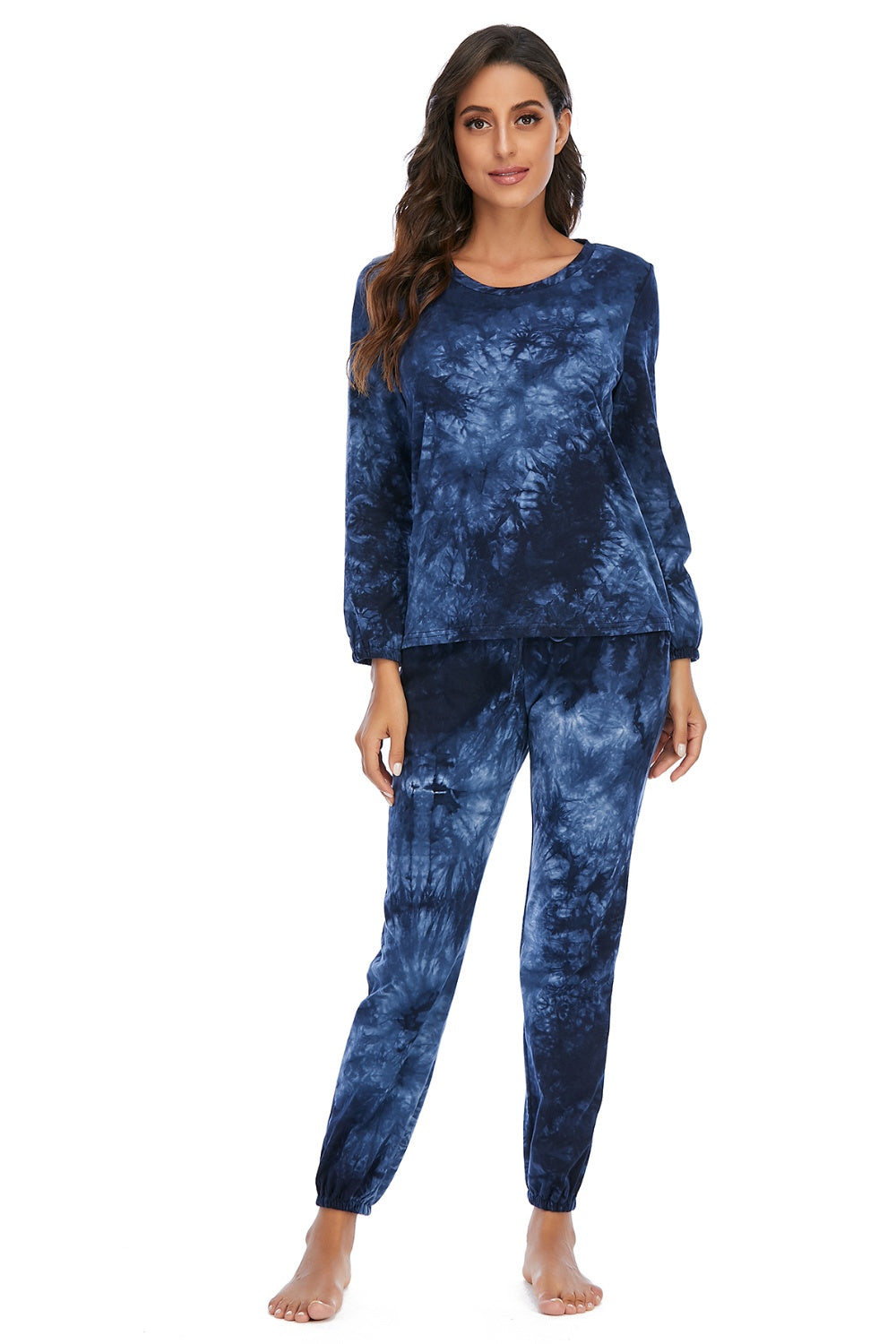 Tie-Dye Top and Drawstring Pants Lounge Set Dark Blue