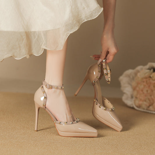 Rivet Decor Ankle Strap Stiletto Pumps Apricot