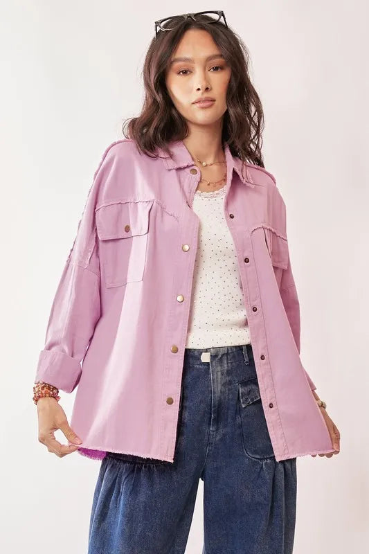 Davi & Dani Multi Color Rock & Roll Fringed Hem Loose Fit Shacket Lilac