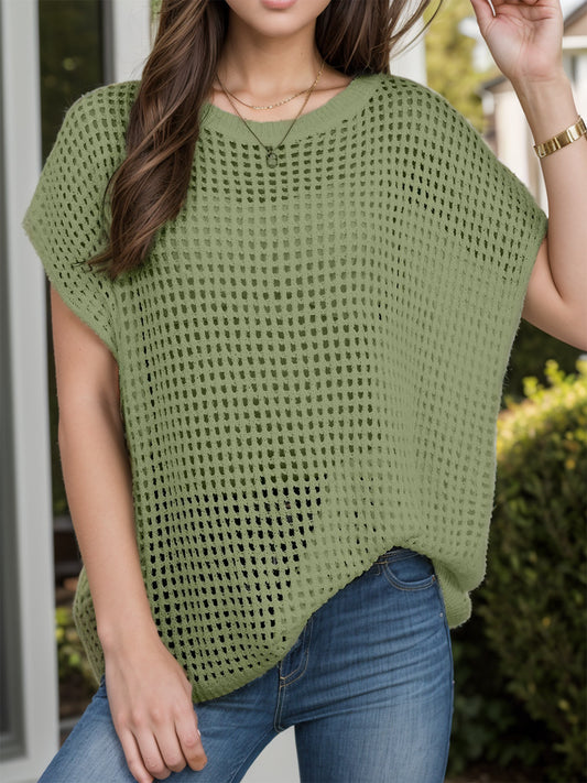 Openwork Round Neck Short Sleeve Cover-Up Moss
