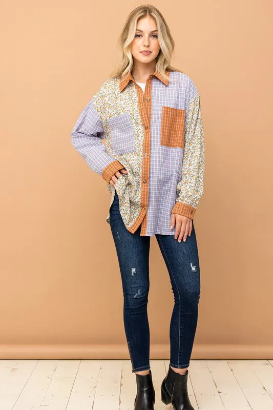 And The Why Floral and Plaid Color Block Shirts with Pocket