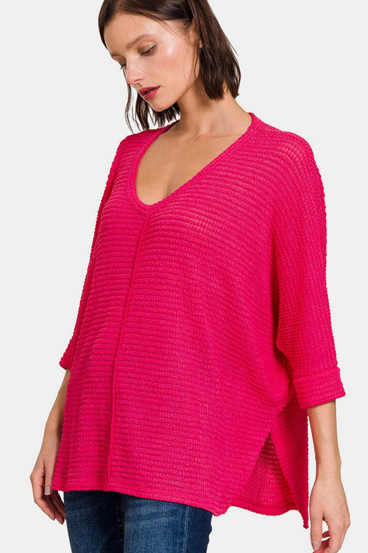 Zenana V-Neck High-Low Jacquard Knit Top Viva Magenta