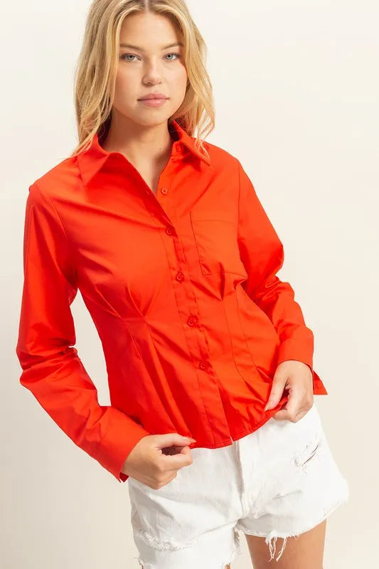 HYFVE Long Sleeve Pleated Waist Poplin Shirt RED