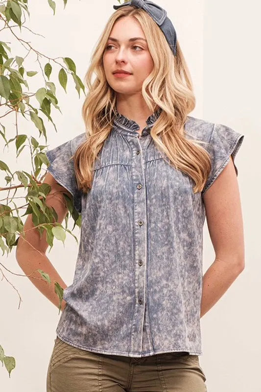 Lime 'N' Chili Mineral Wash Flutter Sleeve Button Down Shirt DK DENIM
