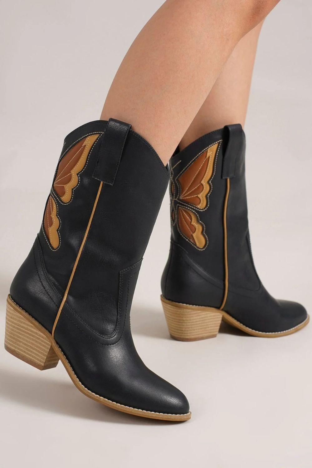 Beast Fashion Butterfly Cut Detail Point Toe Boots Black