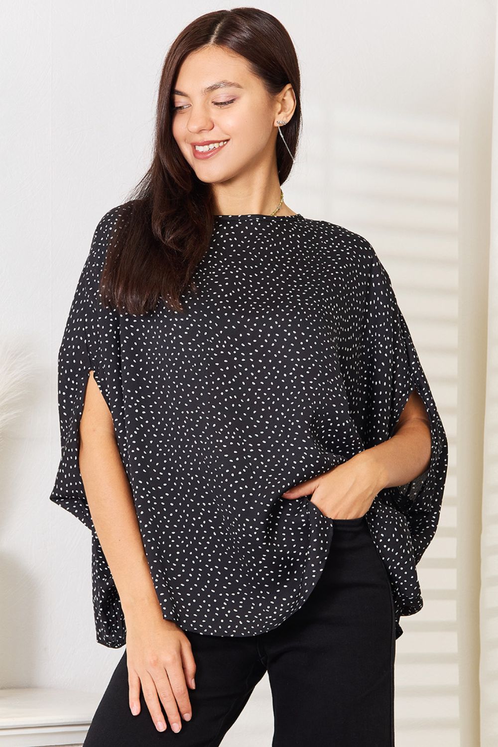 Perfee Printed Dolman Sleeve Round Neck Blouse Black