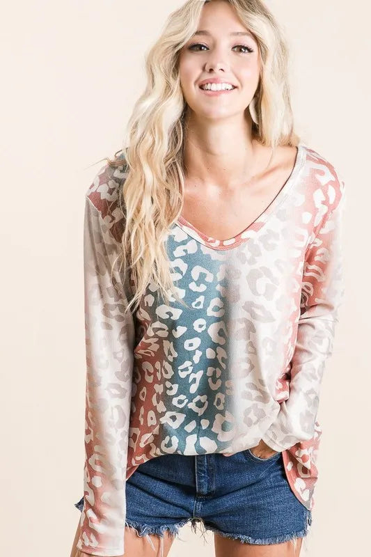 BiBi Gradation Leopard Print Textured Knit Top