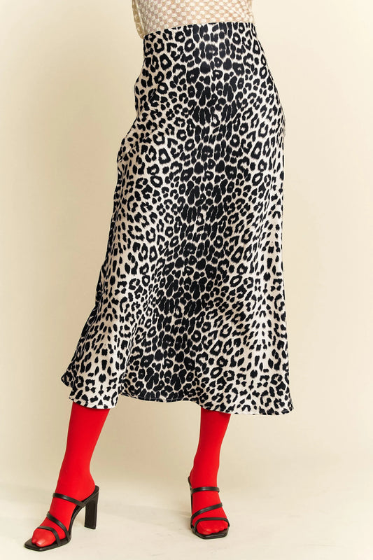 Davi & Dani Leopard Animal Print Long Length Skirt WHITE