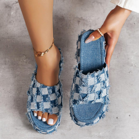 Raw Hem Plaid Platform Sandals Medium