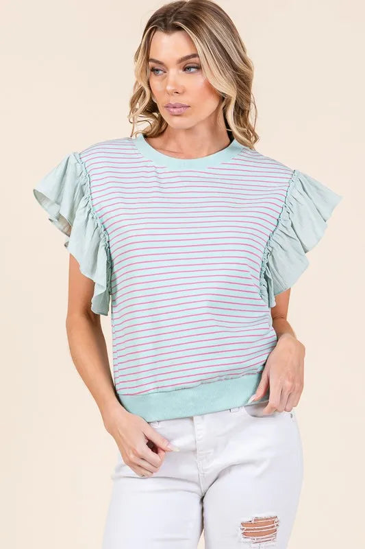 Lime 'N' Chili Striped Contrast Ruffle Detail Sleeveless Top
