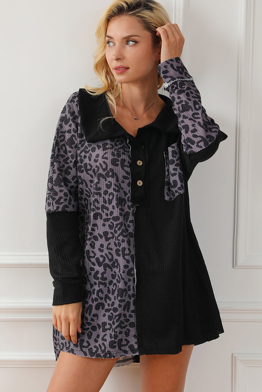 Half Button Leopard Collared Neck Blouse Black